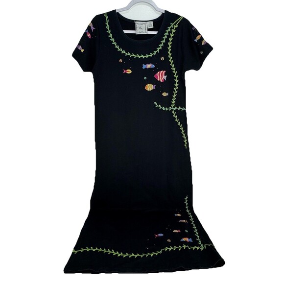 Michael Simon Dress Womens Knit Embroidered Fish Maxi Slit Hem Aquarium Sz S Michael Simon Dress Womens Knit Embroidered Fish Maxi Slit Hem Aquarium Sz S